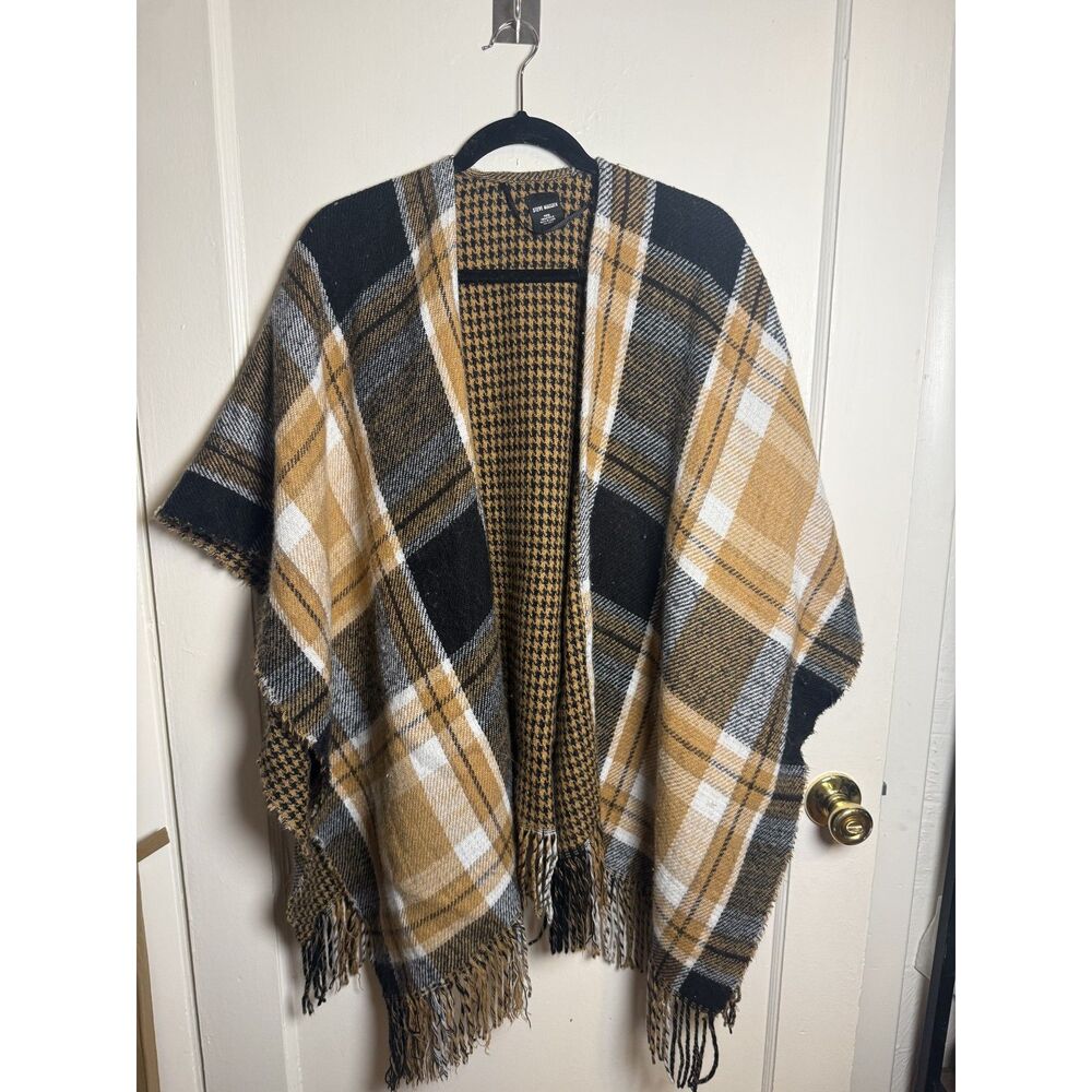Steve Madden Reversible Plaid Houndstooth Poncho Cape Fringe Shawl Fall